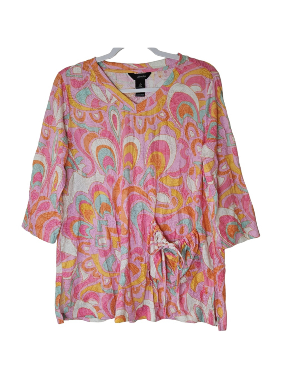 Ali Miles Crinkle Tunic Top S Pink Orange Abstract Print lagenlook artsy
